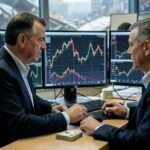 A professional investor calmly analyzing stock market charts on multiple screens during a market crash, with a stack of cash visible on the desk, representing financial preparedness and strategic thinking in volatile times.