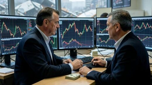 A professional investor calmly analyzing stock market charts on multiple screens during a market crash, with a stack of cash visible on the desk, representing financial preparedness and strategic thinking in volatile times.