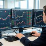 A professional trader analyzing different order types on multiple digital trading screens in a modern office, with charts and order books visible, showing the importance of order strategy in stock investing.