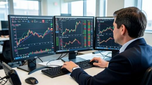 A professional trader analyzing different order types on multiple digital trading screens in a modern office, with charts and order books visible, showing the importance of order strategy in stock investing.