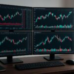 A professional trader's desk with multiple monitors showing order flow data and footprint charts instead of traditional candlestick charts, focused on the movement of money in the market