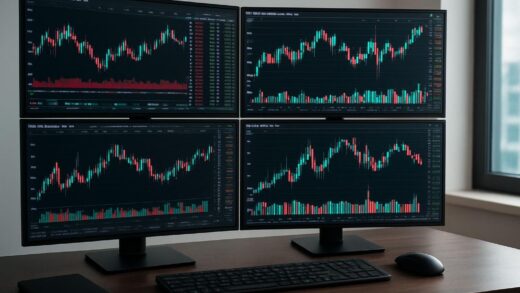 A professional trader's desk with multiple monitors showing order flow data and footprint charts instead of traditional candlestick charts, focused on the movement of money in the market