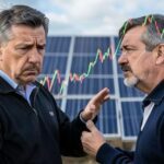 A puzzled investor looking at a declining stock chart with solar panels in the background, showing financial uncertainty.
