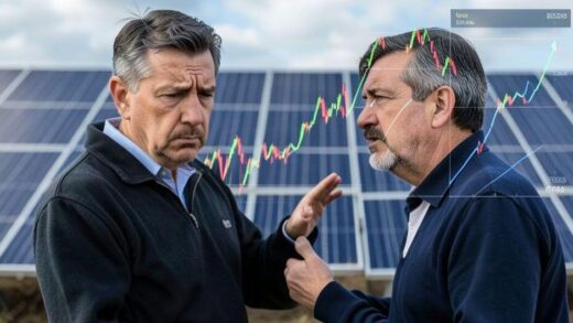 A puzzled investor looking at a declining stock chart with solar panels in the background, showing financial uncertainty.