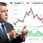 A puzzled investor looking at a stock chart with both upward and downward trends, illustrating the paradox of market gains versus individual losses. The chart shows "Nasdaq ETF" and "10-year growth".