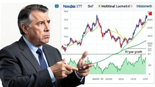 A puzzled investor looking at a stock chart with both upward and downward trends, illustrating the paradox of market gains versus individual losses. The chart shows "Nasdaq ETF" and "10-year growth".