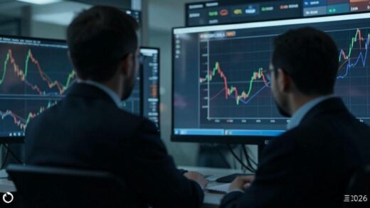 A quiet financial market scene, subtle undercurrents of global currency shifts, a person observing a calm currency chart, symbolizing deeper trends. Year 2026.