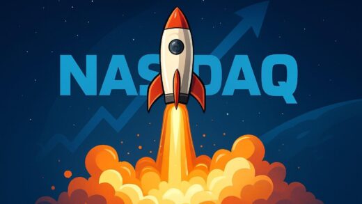 A rocket launching into space with a stylized NASDAQ logo in the background, representing rapid entry and massive investment flow. The image should convey innovation and financial power.