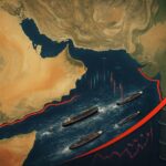 A satellite view of the Middle East, with red lines highlighting the Bab el-Mandeb Strait and the Strait of Hormuz, showing oil tankers navigating through choppy waters, surrounded by geopolitical tension. Global stock market charts in the background, a barrel of oil with a rising arrow.