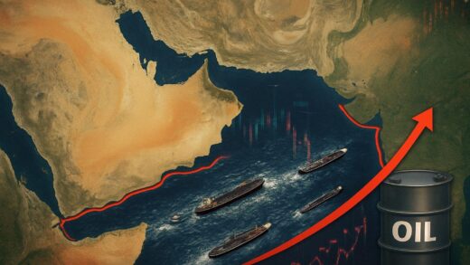 A satellite view of the Middle East, with red lines highlighting the Bab el-Mandeb Strait and the Strait of Hormuz, showing oil tankers navigating through choppy waters, surrounded by geopolitical tension. Global stock market charts in the background, a barrel of oil with a rising arrow.