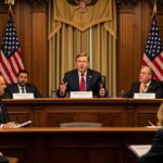 A serious Kevin Warsh testifying at the US Senate hearing room with American flags and Senate committee members, photorealistic style, warm lighting, cinematic composition
