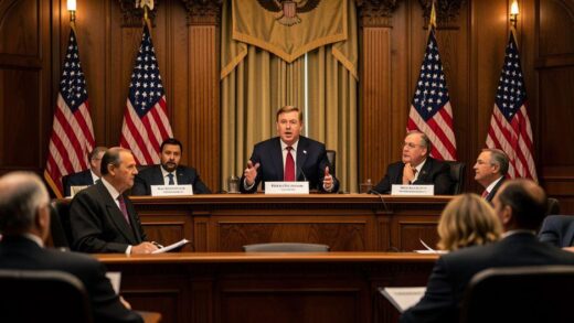 A serious Kevin Warsh testifying at the US Senate hearing room with American flags and Senate committee members, photorealistic style, warm lighting, cinematic composition