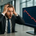 A shocked investor looking at a financial chart showing a sharp decline, with a Hyundai car in the background, set in a modern financial office.