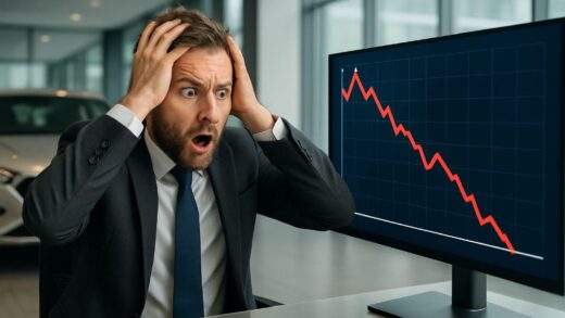 A shocked investor looking at a financial chart showing a sharp decline, with a Hyundai car in the background, set in a modern financial office.