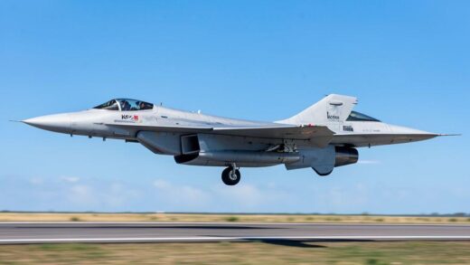 A sleek, modern KF-21 Boramae fighter jet performing a rapid take-off from a runway, with a clear blue sky in the background, symbolizing speed and efficiency.