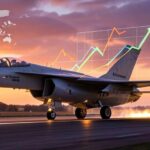 A sleek, modern KF21 Boramae fighter jet taking off from a runway at sunset, with a graph overlay showing upward economic growth trends and global flags in the background, symbolizing export potential.