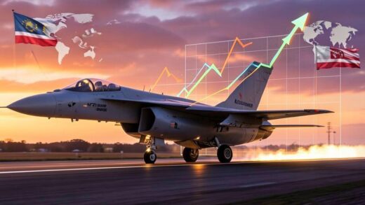 A sleek, modern KF21 Boramae fighter jet taking off from a runway at sunset, with a graph overlay showing upward economic growth trends and global flags in the background, symbolizing export potential.