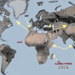 A solemn global map with arrows pointing to the Middle East, showing military conflict and economic stress, symbolizing the weakening global power of the United States in 2026.