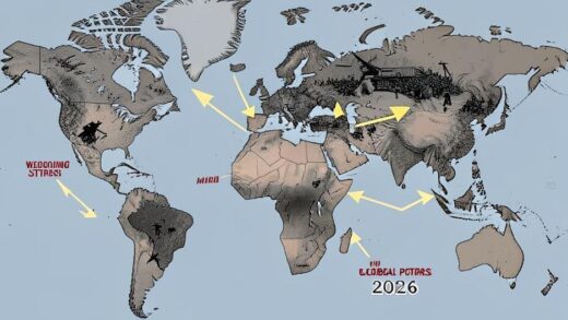 A solemn global map with arrows pointing to the Middle East, showing military conflict and economic stress, symbolizing the weakening global power of the United States in 2026.