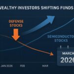 A sophisticated graph showing wealthy investors moving money from defense stocks to semiconductor stocks like Samsung Electronics, with arrows indicating fund flow and calendar showing March 2026, in a modern financial dashboard style