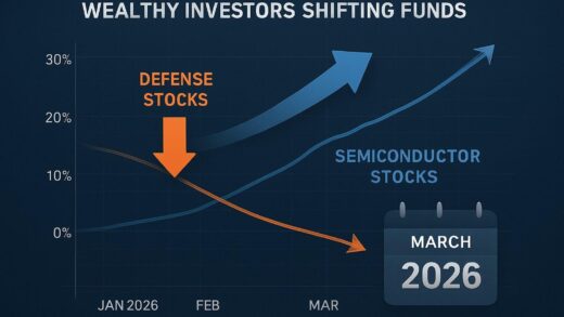 A sophisticated graph showing wealthy investors moving money from defense stocks to semiconductor stocks like Samsung Electronics, with arrows indicating fund flow and calendar showing March 2026, in a modern financial dashboard style