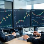 A sophisticated investment chart showing construction stock prices rising sharply in 2026, with wealthy investors analyzing data on multiple screens in a modern office, focused and strategic.