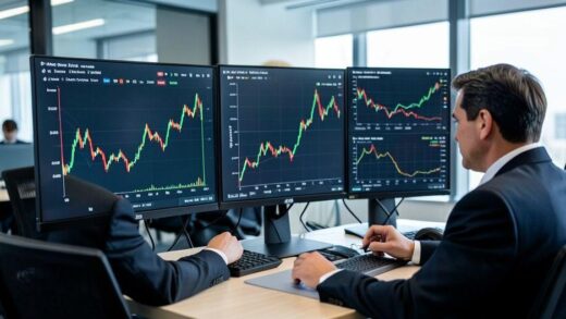 A sophisticated investment chart showing construction stock prices rising sharply in 2026, with wealthy investors analyzing data on multiple screens in a modern office, focused and strategic.