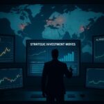A sophisticated investment war room with multiple screens showing financial charts, gold prices, and AI semiconductor stock trends. A large world map in the background with conflict zones highlighted, while a shadowy figure points at strategic investment moves on a digital board.