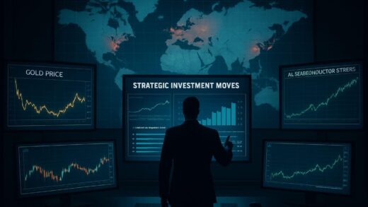 A sophisticated investment war room with multiple screens showing financial charts, gold prices, and AI semiconductor stock trends. A large world map in the background with conflict zones highlighted, while a shadowy figure points at strategic investment moves on a digital board.