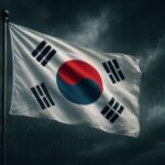 A South Korean flag flying strongly against a stormy sky, with subtle economic charts in the background, symbolizing resilience and opportunity.