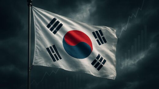 A South Korean flag flying strongly against a stormy sky, with subtle economic charts in the background, symbolizing resilience and opportunity.