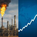 A split image showing a roaring oil refinery on one side and a soaring stock market graph on the other, with a subtle global map background, reflecting economic paradox.