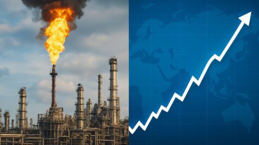 A split image showing a roaring oil refinery on one side and a soaring stock market graph on the other, with a subtle global map background, reflecting economic paradox.