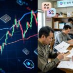A split image showing contrasting economic scenes: On left, vibrant stock market charts rising with semiconductor chips; on right, struggling small business owners with debt papers and downward graphs. Korean currency symbols and digital banking icons floating in the background.