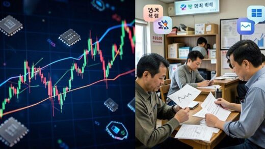 A split image showing contrasting economic scenes: On left, vibrant stock market charts rising with semiconductor chips; on right, struggling small business owners with debt papers and downward graphs. Korean currency symbols and digital banking icons floating in the background.
