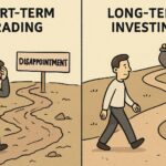 A split image showing two paths. One path is chaotic and short, leading to disappointment, representing short-term trading. The other path is long, winding but steadily upward, leading to a pot of gold, representing long-term investing. A person looks frustrated on the short path, while another person calmly walks the long path.