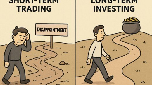 A split image showing two paths. One path is chaotic and short, leading to disappointment, representing short-term trading. The other path is long, winding but steadily upward, leading to a pot of gold, representing long-term investing. A person looks frustrated on the short path, while another person calmly walks the long path.