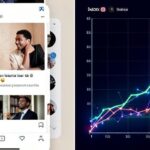 A split screen showing Instagram luxury lifestyle posts on the left side and economic inequality charts with rising disparity curves on the right side, digital art style with glowing data points
