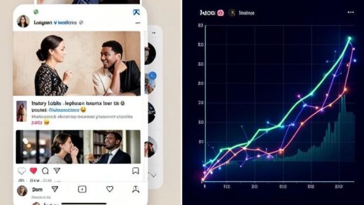 A split screen showing Instagram luxury lifestyle posts on the left side and economic inequality charts with rising disparity curves on the right side, digital art style with glowing data points