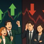 A split screen showing two contrasting scenes: left side shows bullish investors with green upward arrows, right side shows bearish investors with red downward arrows. In the background, a stock market chart with volatile movements.