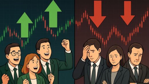 A split screen showing two contrasting scenes: left side shows bullish investors with green upward arrows, right side shows bearish investors with red downward arrows. In the background, a stock market chart with volatile movements.