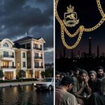 A split visual of Iran's economy, one side showing luxurious villas and wealth symbols for IRGC elites, the other side showing poor Iranian citizens struggling with inflation. Dark sky with oil refinery silhouettes, gold chains and military symbols on the rich side.
