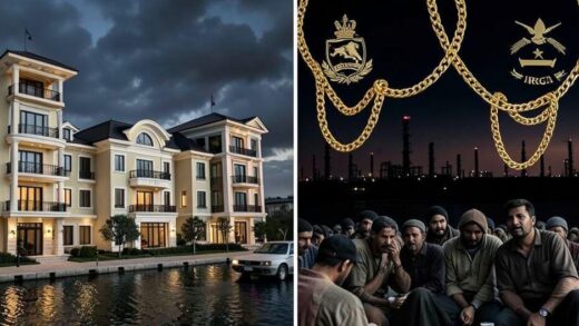 A split visual of Iran's economy, one side showing luxurious villas and wealth symbols for IRGC elites, the other side showing poor Iranian citizens struggling with inflation. Dark sky with oil refinery silhouettes, gold chains and military symbols on the rich side.