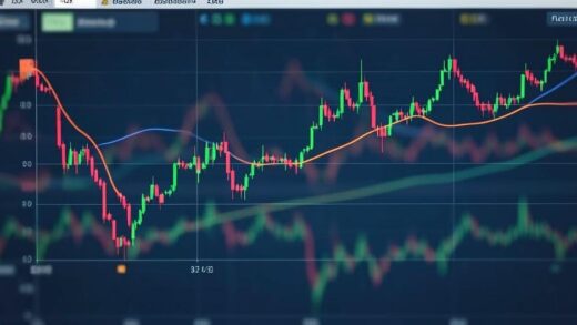 A stock chart showing a dip and then a rebound, with a subtle background image of data flowing.