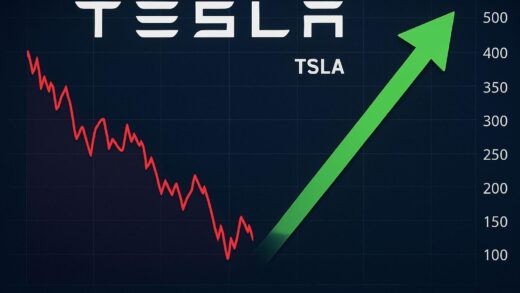 A stock chart showing a recent dip for Tesla, but with a strong, optimistic upward arrow pointing towards a much higher valuation, representing Wall Street's forecast.