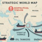 A strategic world map focusing on the Strait of Hormuz with oil tankers and geopolitical tension visualization, showing energy flow and economic power dynamics