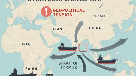 A strategic world map focusing on the Strait of Hormuz with oil tankers and geopolitical tension visualization, showing energy flow and economic power dynamics