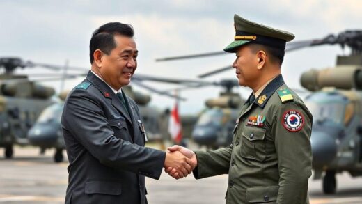 A symbolic handshake between military officials from South Korea and a Southeast Asian country with attack helicopters in the background, representing defense export diplomacy