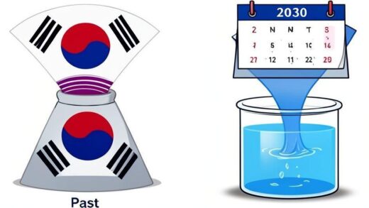 A symbolic illustration showing a demographic pyramid transforming over time, with the younger base shrinking and the older top expanding dramatically. South Korean flag colors incorporated, with a calendar page flipping to the year 2030. Visual contrast between a full tank of water (past) and a draining tank (future).