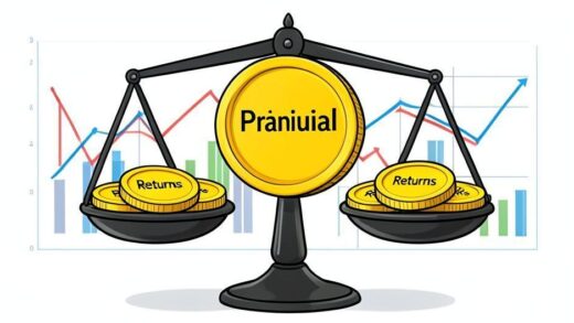 A symbolic illustration showing a large golden coin labeled 'Principal' outweighing multiple smaller coins labeled 'Returns' on a balance scale, with charts and graphs in the background